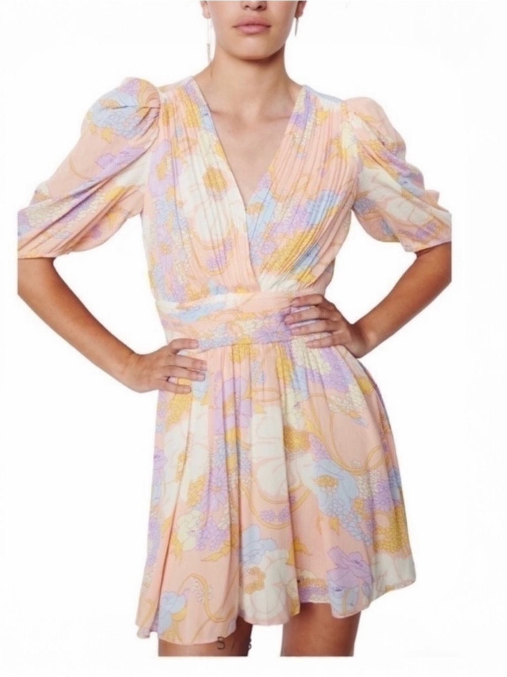BA&SH Noam Dress Pastel Floral Short Sleeve Faux Wrap Mini Swing Dress Size Med